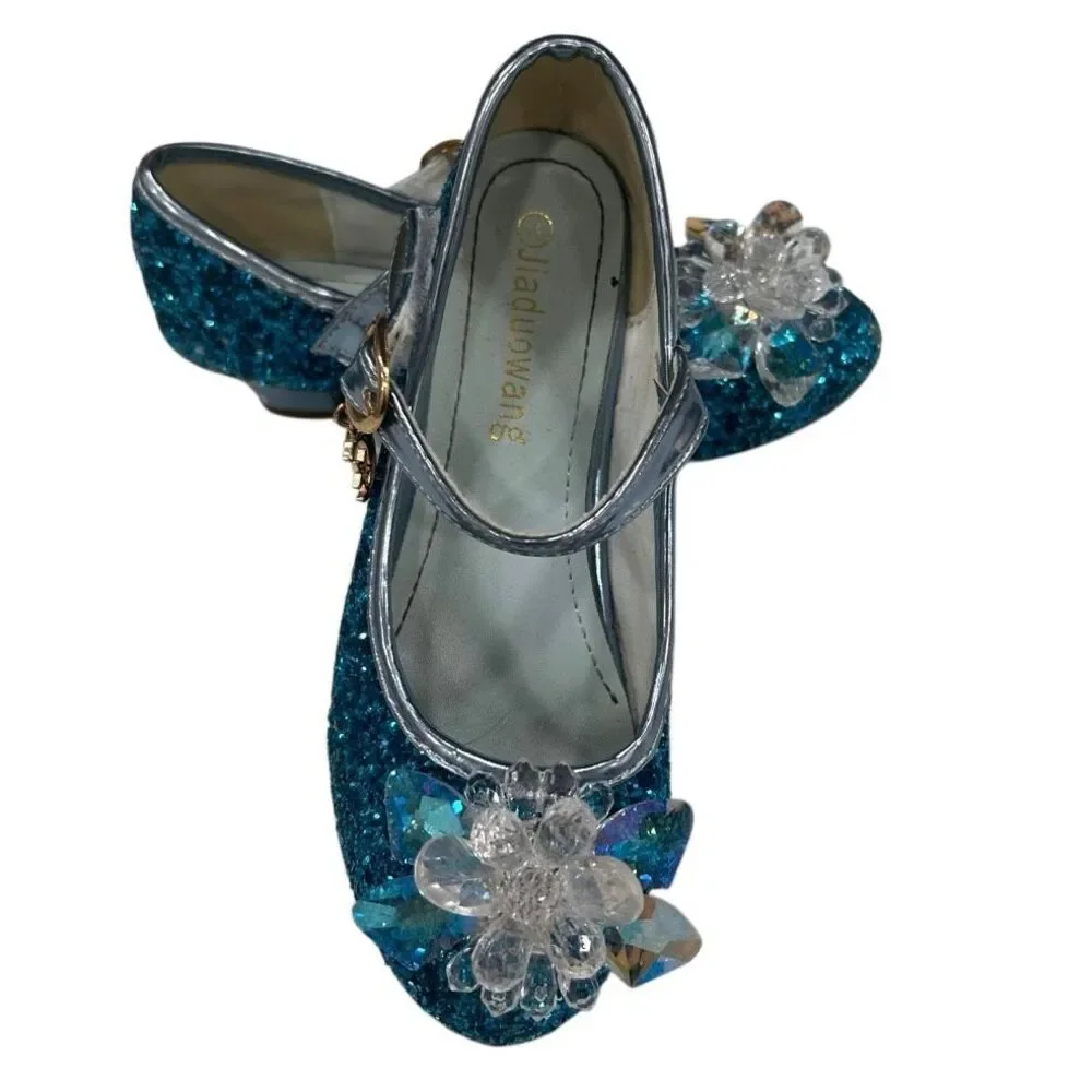 NWOT Jiadowang Dance Shoes Girls Size 31 Blue Glittered Crystal Flower Accent